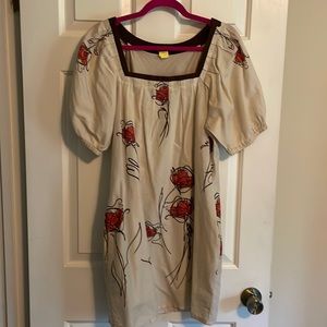 BCBG Max Azria dress cotton M,lined short gathered sleeves side pockets